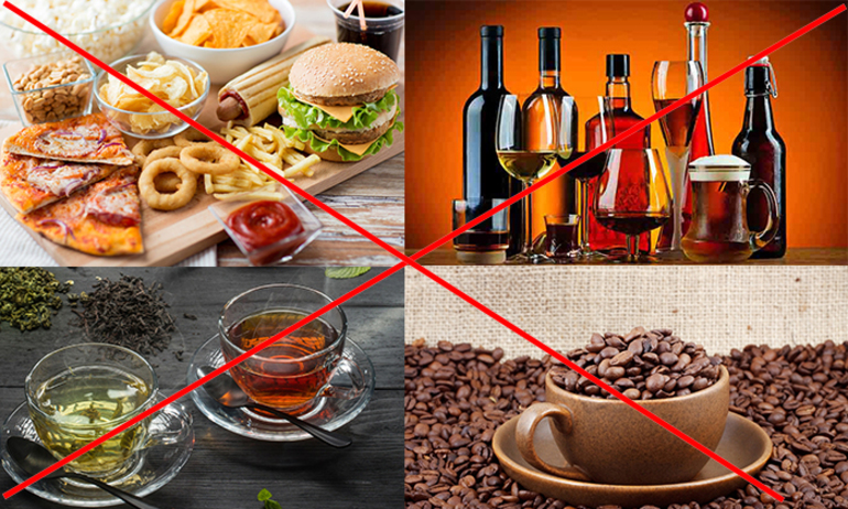 Рекомендуется отказаться от вредной пищи, чая и кофе, алкоголя.